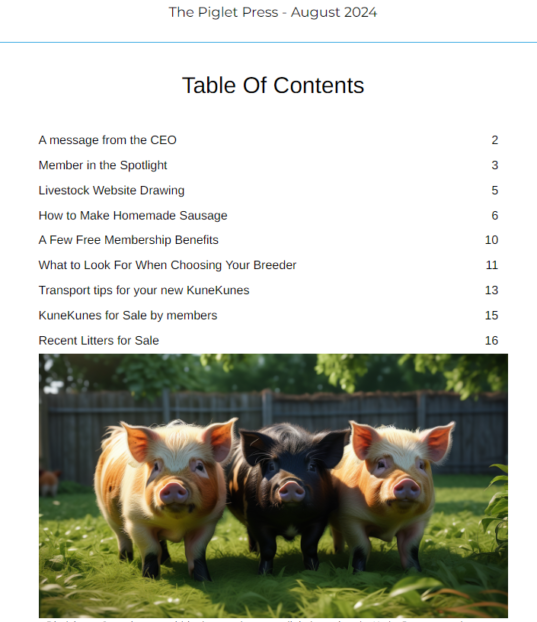 The table of contents for the IKKPS non member KuneKune newsletter for August